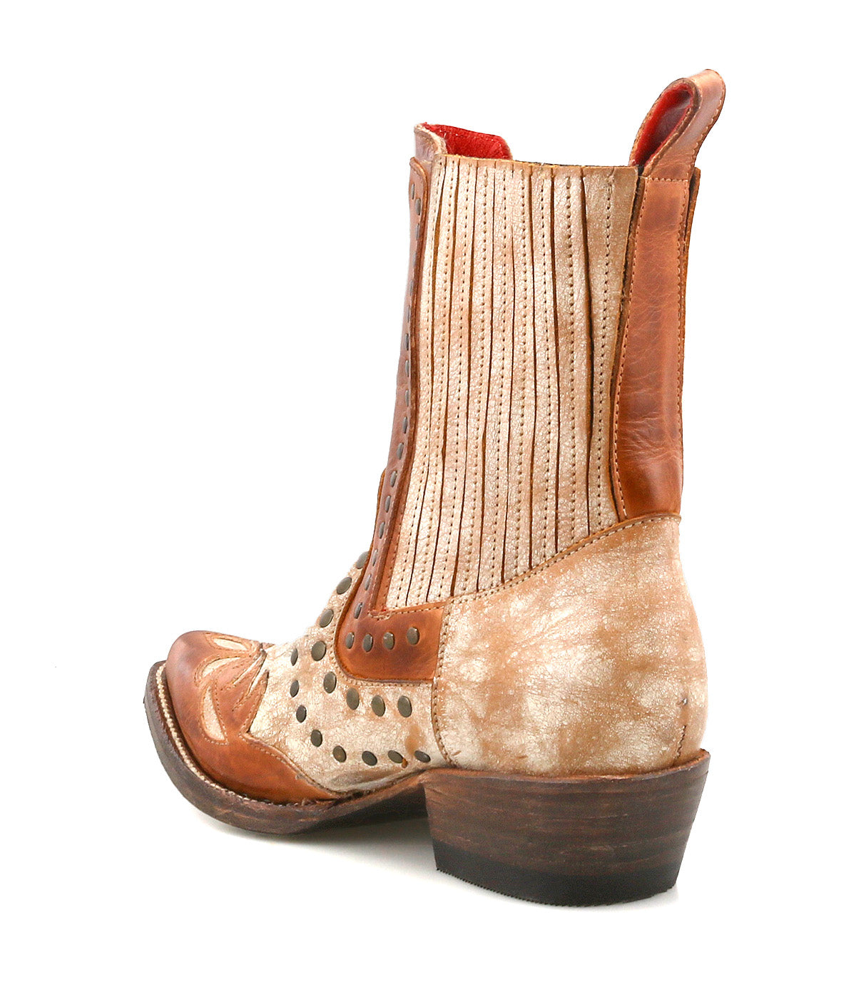 The Bed Stu Raise boot features brown and beige leather, Western-inspired design, decorative stitching, snip toe, studded accents, and a low stacked heel. Shown from side and back angles.