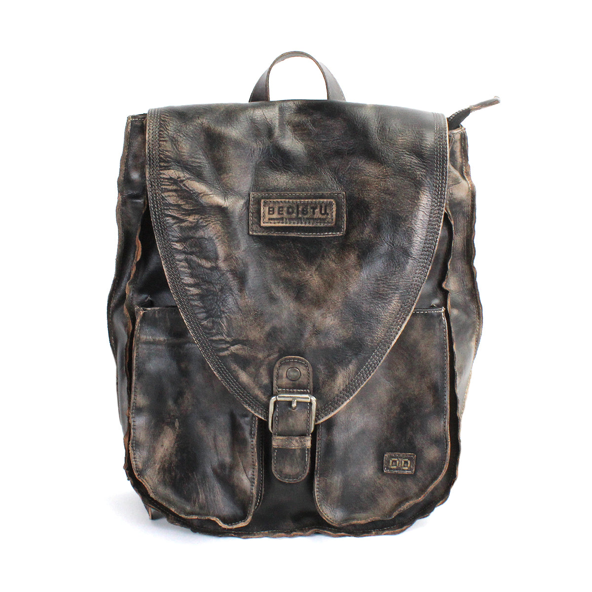 The Bed Stu Ranger is a sturdy leather backpack for everyday use, with a distressed finish, flap closure, front buckle, two side pockets, and "Bed Stu" branding embossed on the front.