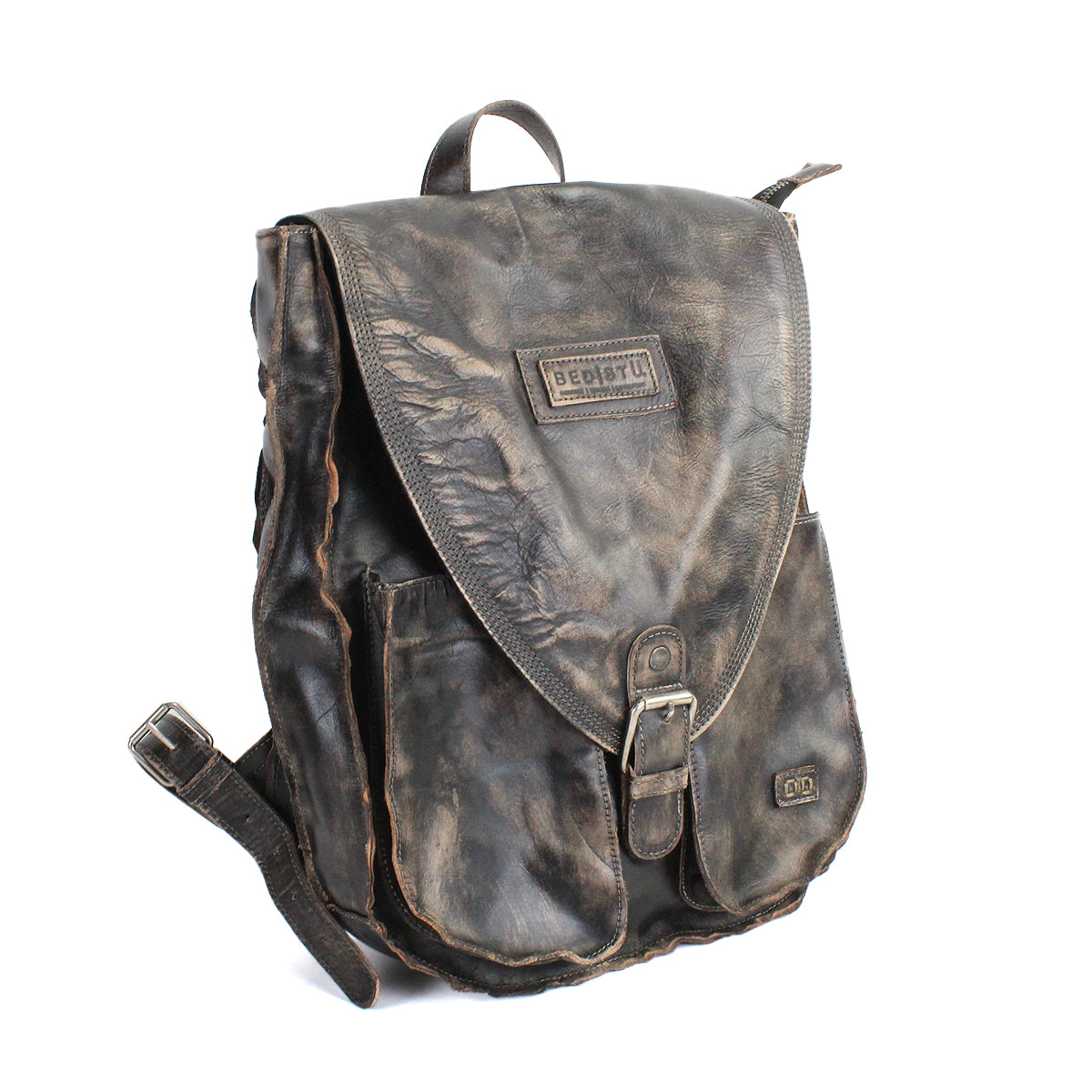 The Bed Stu Ranger is a sturdy brown leather backpack featuring a front buckle, flap closure, and stitched logo patch on top—ideal for everyday use.