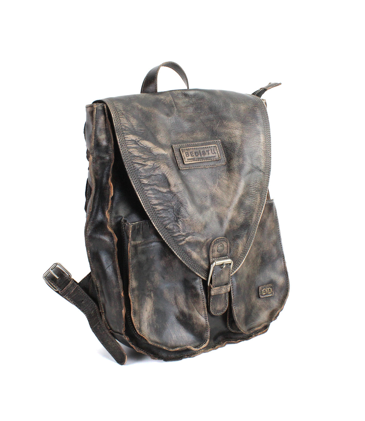 The Bed Stu Ranger is a sturdy brown leather backpack featuring a front buckle, flap closure, and stitched logo patch on top—ideal for everyday use.
