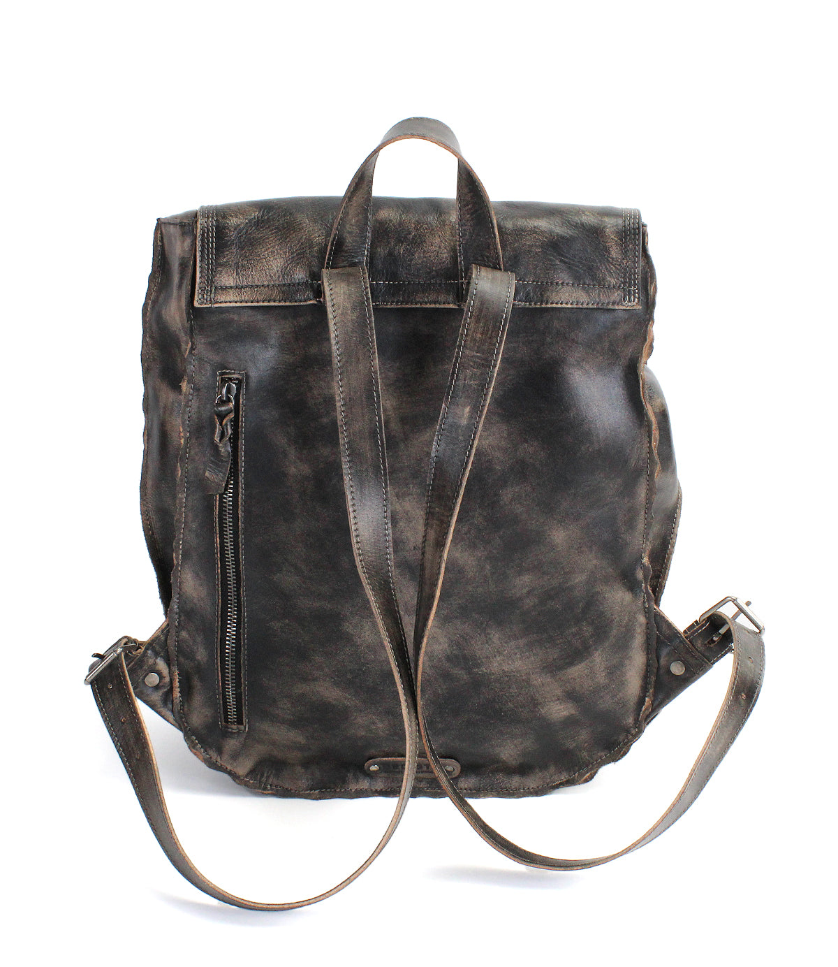 The Bed Stu Ranger is a sturdy distressed brown leather backpack with two adjustable shoulder straps, a top handle, visible stitching, and a side vertical zipper pocket—ideal for everyday use.