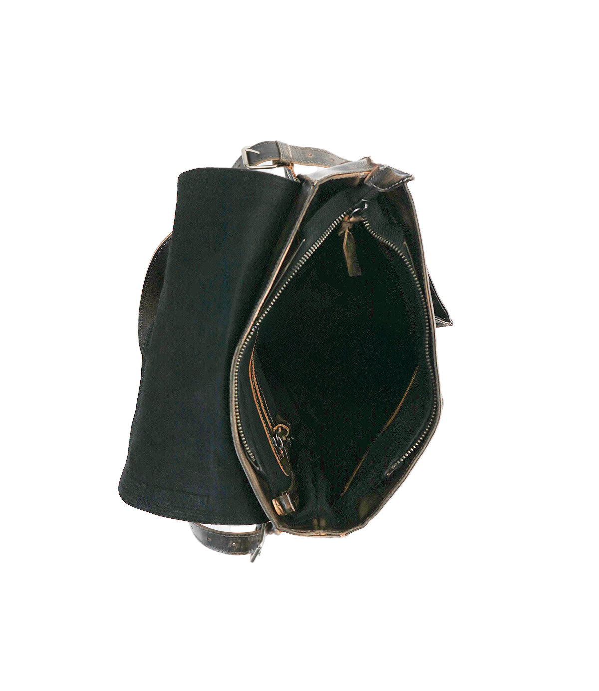 Top view of the Bed Stu Ranger backpack in sturdy black leather, featuring a visible zipper and spacious interior—ideal for everyday use—photographed against a white background.
