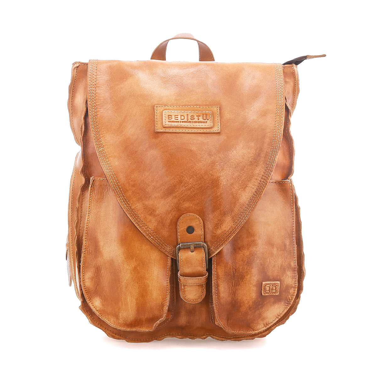 The Bed Stu Ranger is a sturdy brown leather backpack featuring a front flap with buckle closure, side pockets, and a “BED|STU” label, ideal for everyday use and shown against a white background.