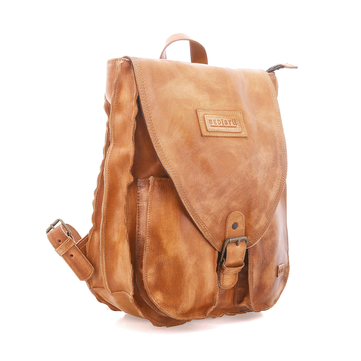 The Bed Stu Ranger is a sturdy tan leather backpack with a front flap, buckle closure, front pocket, and top handle—perfect for everyday wear and shown against a white background.