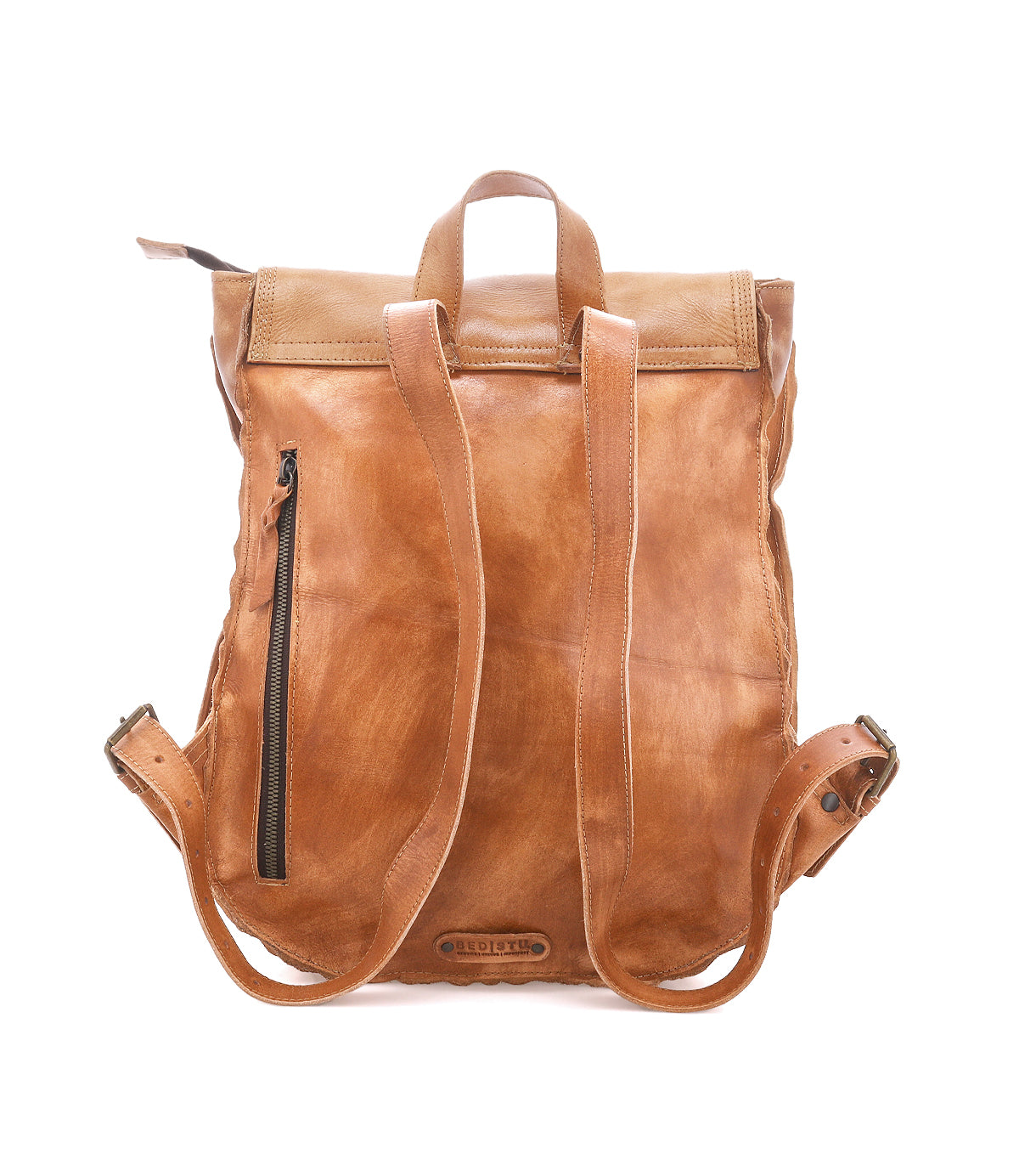The Bed Stu Ranger is a sturdy brown leather backpack with adjustable shoulder straps, a top handle, and a vertical zippered side pocket—perfect for everyday use.