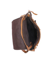 The Bed Stu Ranger backpack, crafted from sturdy brown leather and suede, is displayed from above with its zipper open to reveal a spacious black interior—ideal for everyday use.