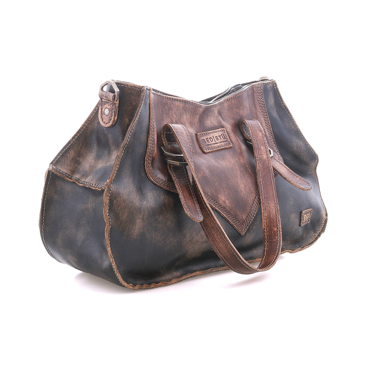 A distressed brown leather heritage-inspired handbag with two handles, featuring visible stitching and the "Bed Stu" brand embossed on the front—meet Redrock, your ideal everyday carry.