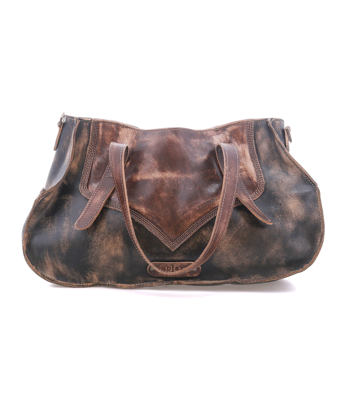 The Bed Stu Redrock is a large, heritage-inspired brown leather handbag with double handles and a front flap accent, featuring distressed details for a vintage look—ideal for everyday use.