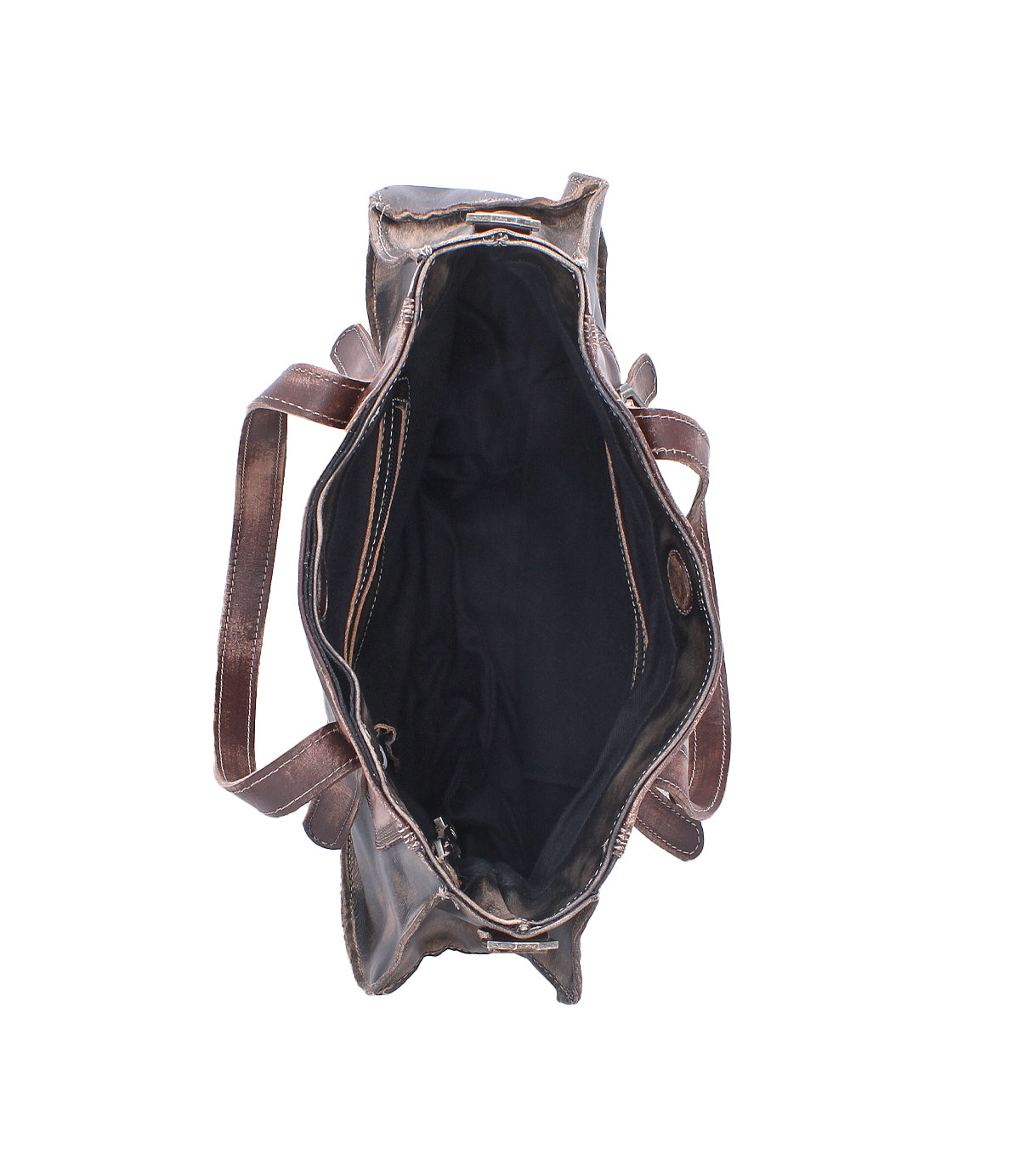 Top view of the Bed Stu Redrock tote, heritage-inspired in brown leather with black interior lining and multiple compartments—ideal for everyday use, shown against a white background.