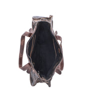 Top view of the Bed Stu Redrock tote, heritage-inspired in brown leather with black interior lining and multiple compartments—ideal for everyday use, shown against a white background.