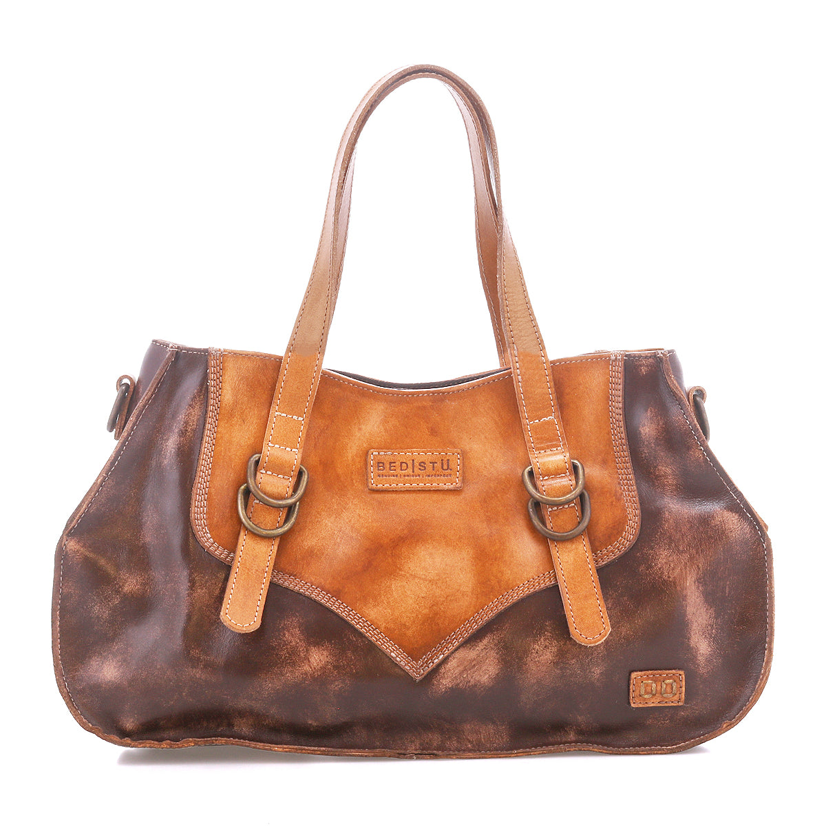 Heritage-inspired Redrock handbag by Bed Stu, crafted in brown and tan leather with dual shoulder straps, front buckle accents, and embossed branding—ideal for your everyday carry.