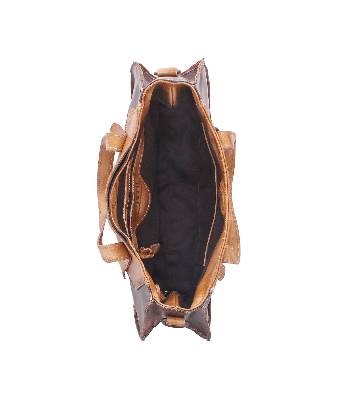 Top view of the Redrock by Bed Stu, a heritage-inspired brown leather handbag featuring multiple interior compartments and pockets—ideal as a compact everyday carry.