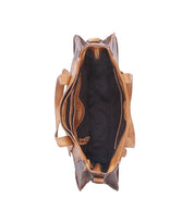 Top view of the Redrock by Bed Stu, a heritage-inspired brown leather handbag featuring multiple interior compartments and pockets—ideal as a compact everyday carry.