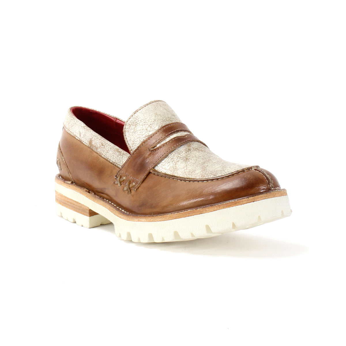 The Bed Stu men's brown leather penny loafer, the Reina III, features all-day comfort and a white sole.