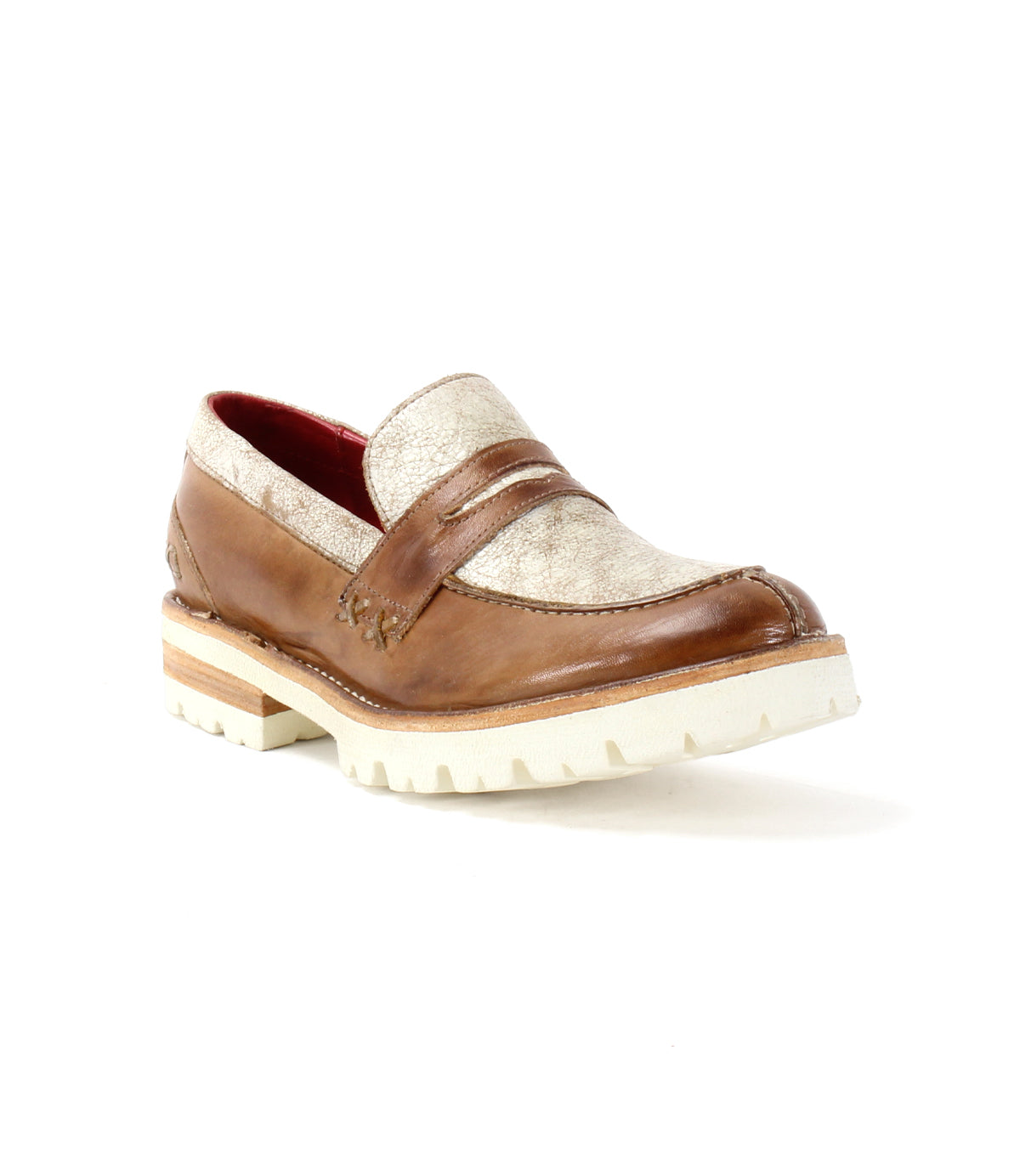 The Bed Stu men's brown leather penny loafer, the Reina III, features all-day comfort and a white sole.