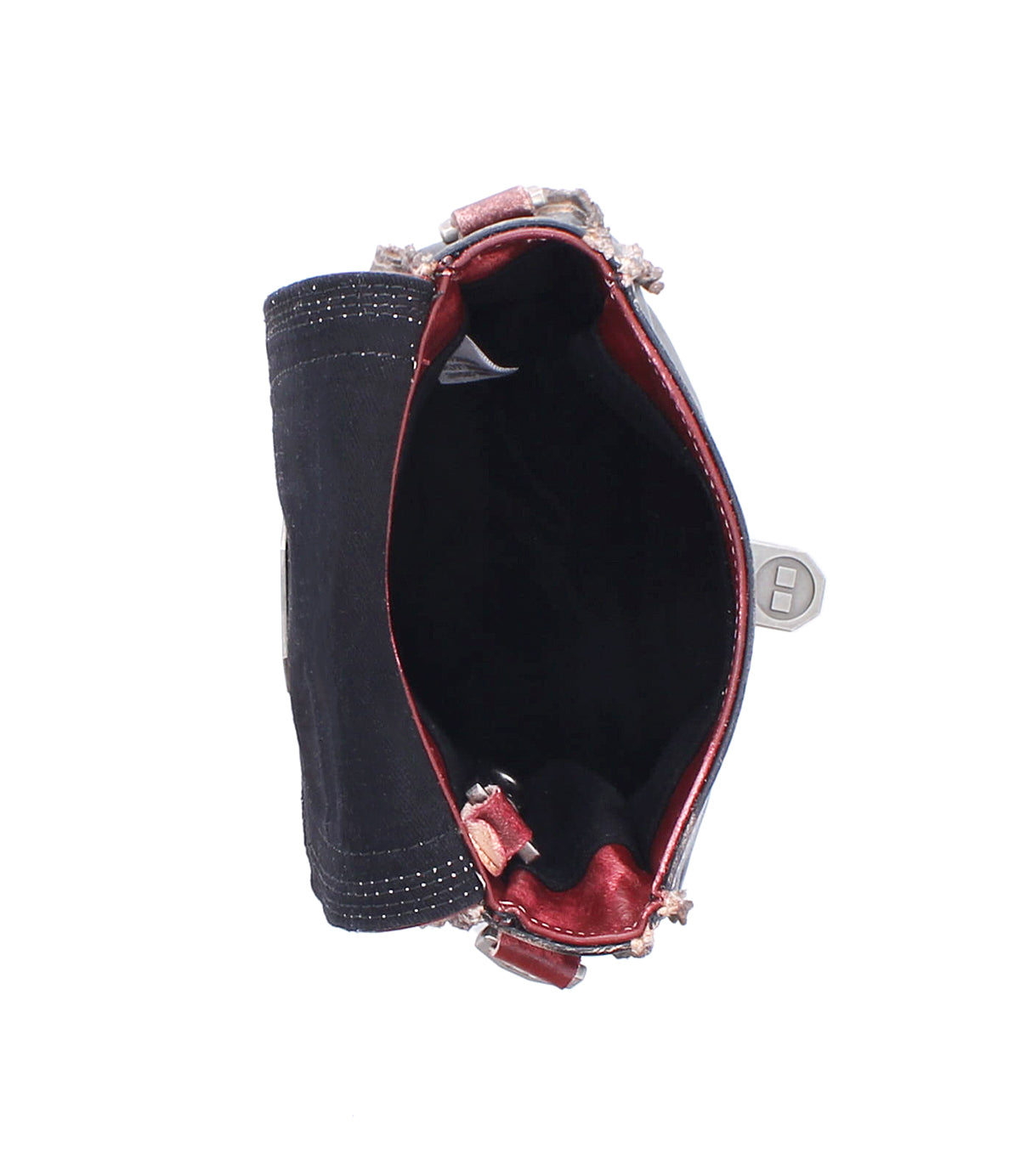 Top view of the Bed Stu Rhyme crossbody bag featuring a black interior, red trim, visible stitching, and silver hardware, photographed against a white background.