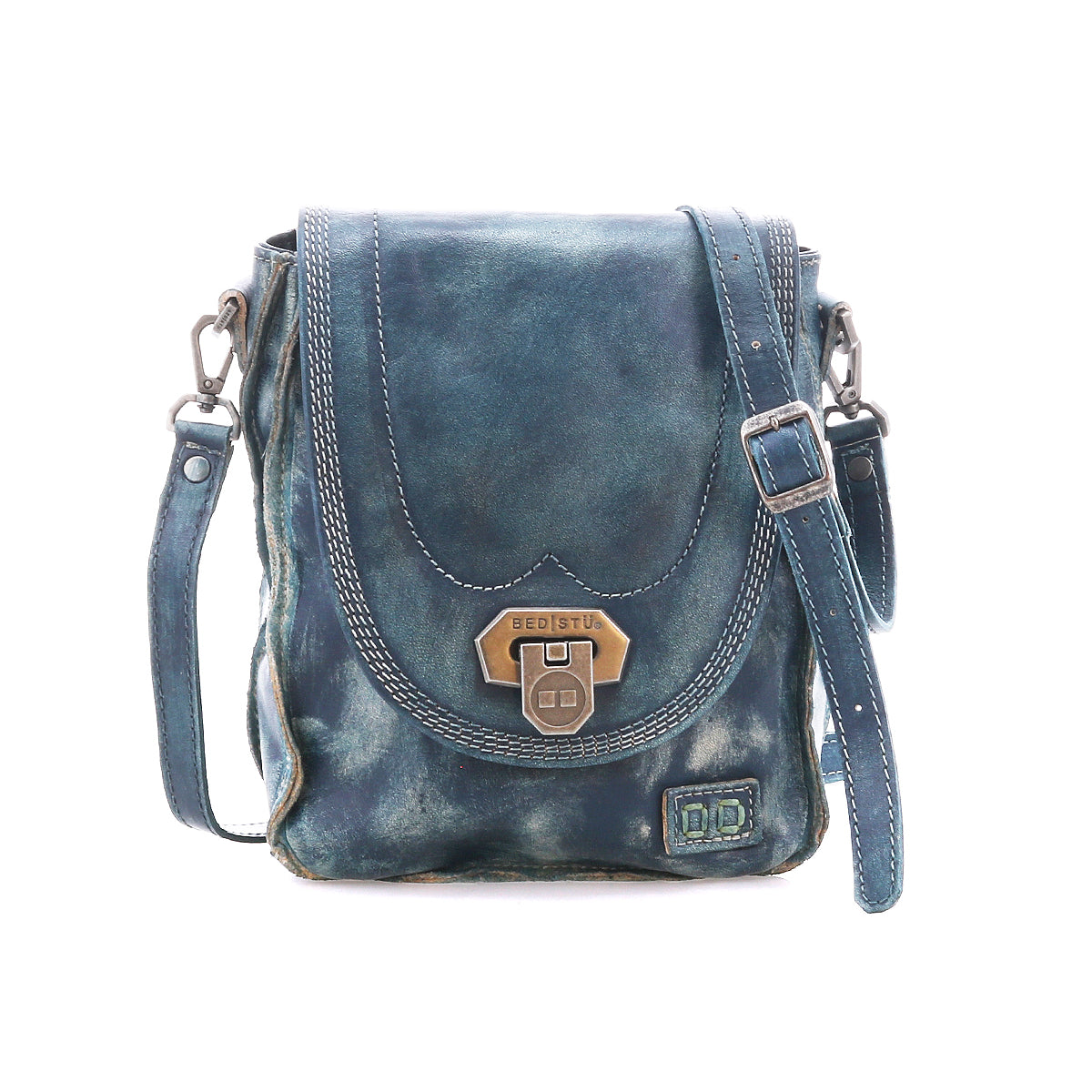 The Rhyme by Bed Stu is a compact, distressed blue leather crossbody featuring a front flap, metal clasp, and adjustable strap—ideal for hands-free convenience wherever you go.