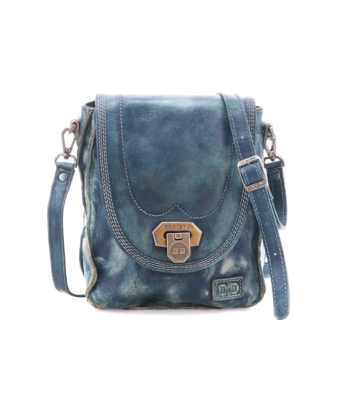 The Rhyme by Bed Stu is a compact, distressed blue leather crossbody featuring a front flap, metal clasp, and adjustable strap—ideal for hands-free convenience wherever you go.