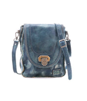 The Rhyme by Bed Stu is a compact, distressed blue leather crossbody featuring a front flap, metal clasp, and adjustable strap—ideal for hands-free convenience wherever you go.