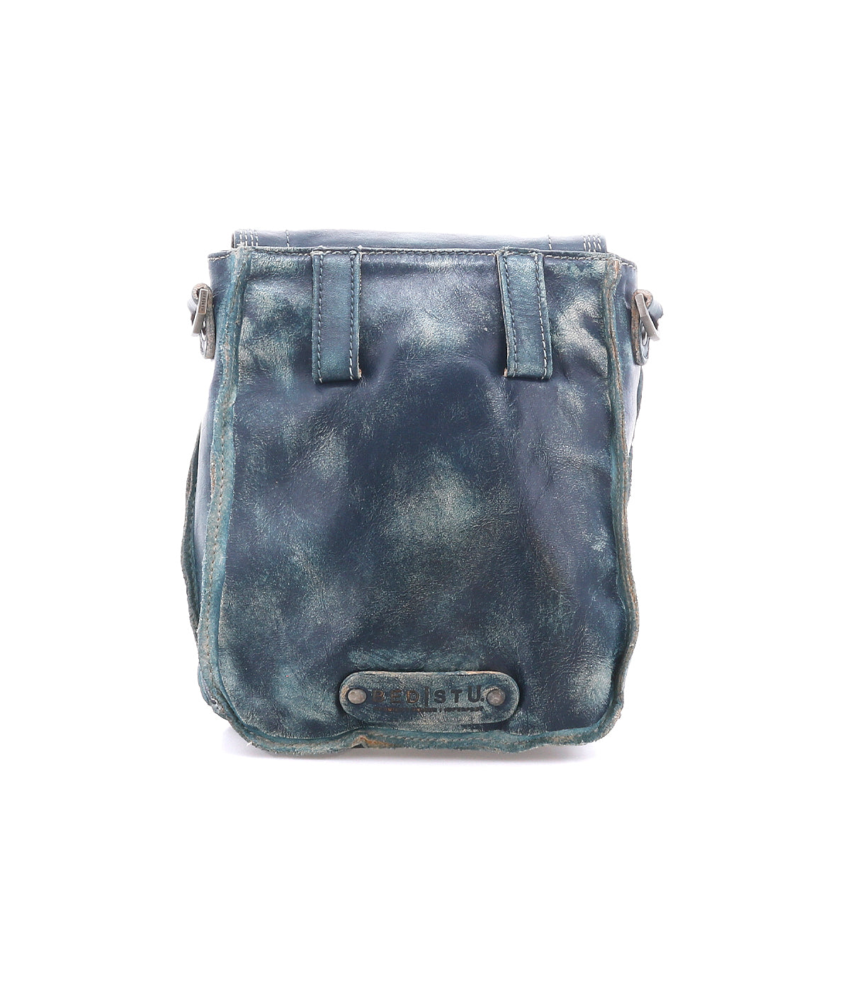 The Bed Stu Rhyme is a small, distressed blue leather crossbody bag with visible creases and a metal Rivets U label on the front, offering a stylish hands-free option. Photographed against a white background.