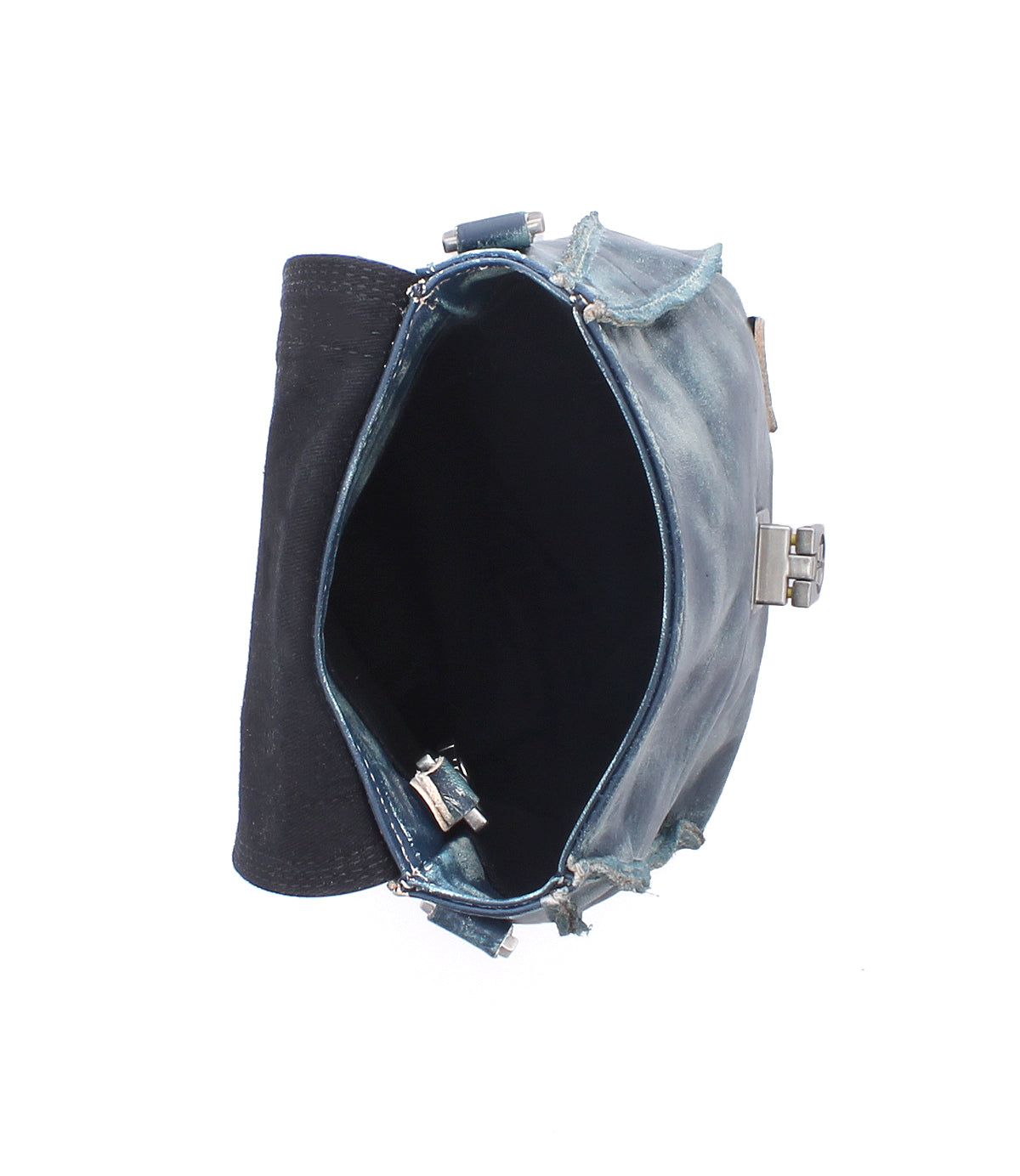 Top view of the Bed Stu Rhyme handbag—a versatile open blue leather bag featuring a black interior and metallic clasp detailing.