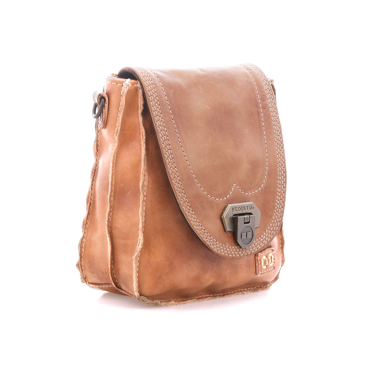 Bed|Stü Rhyme tan leather compact crossbody bag with a fold-over flap, metallic locking clasp, and stitched detailing.