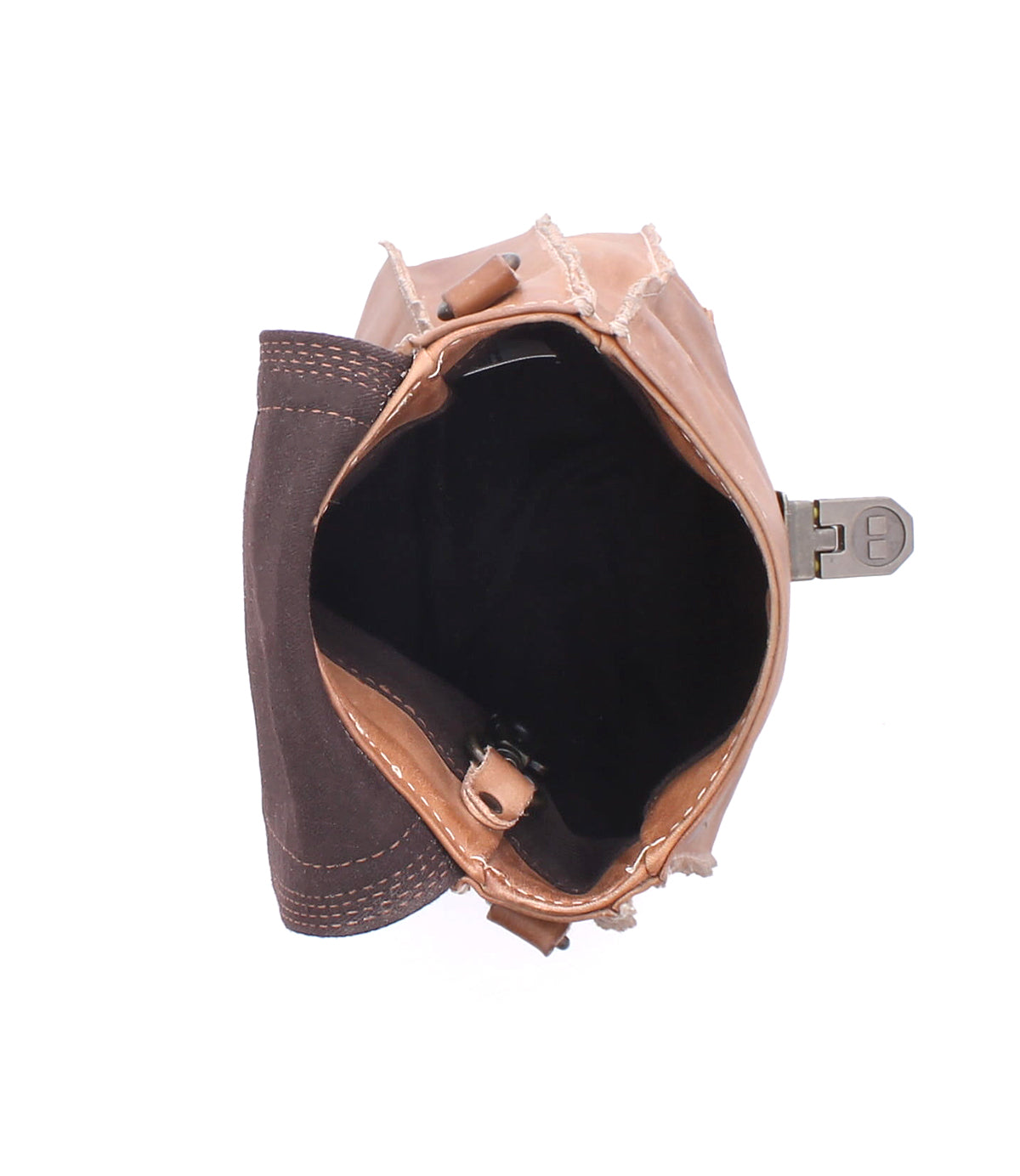 Top-down view of an open tan leather Rhyme compact crossbody bag by Bed|Stü, featuring a dark brown flap and a metal buckle closure.