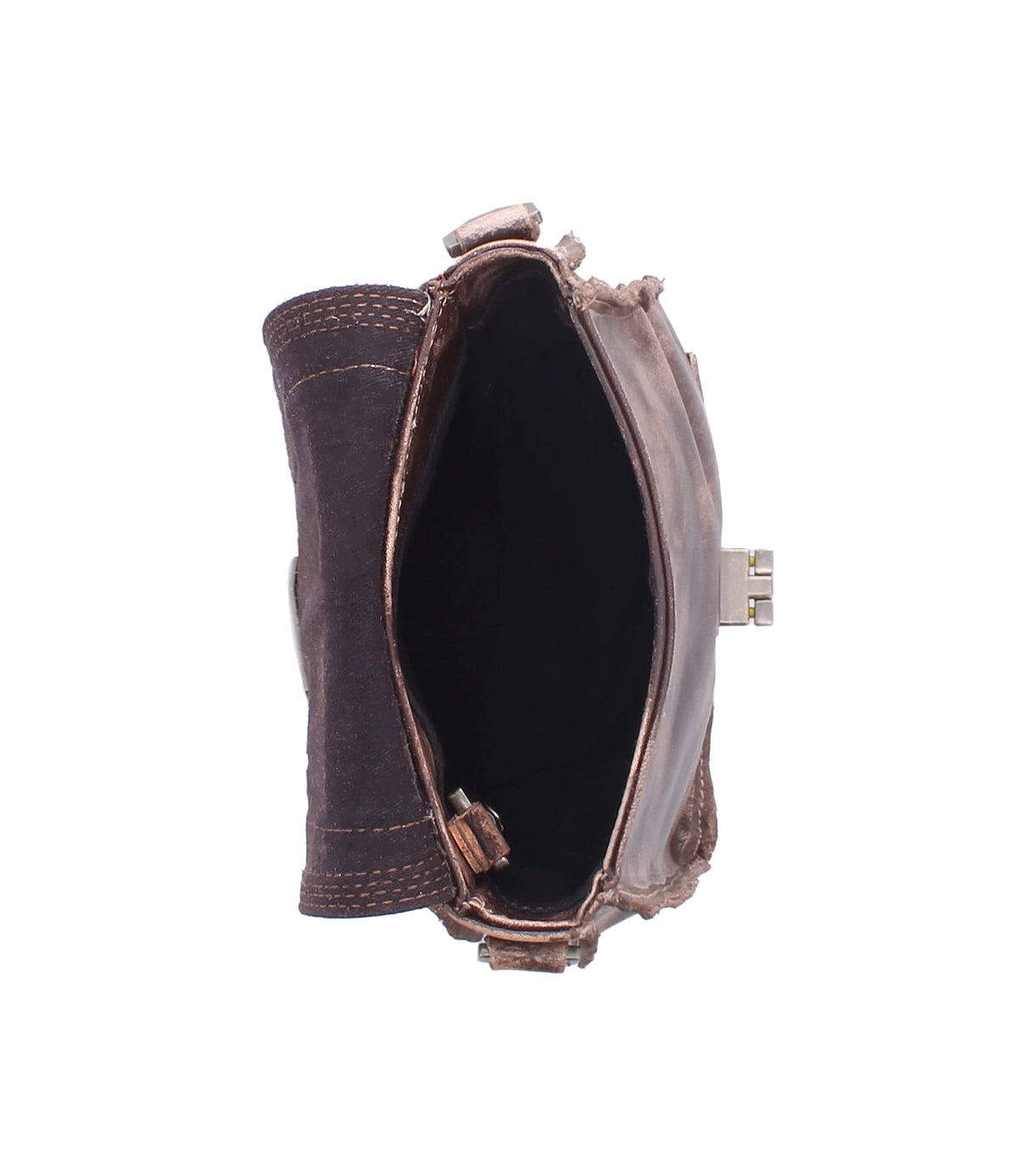Top view of the Bed Stu Rhyme crossbody bag in brown leather with visible stitching, featuring a metal clasp on the right and an empty black interior.