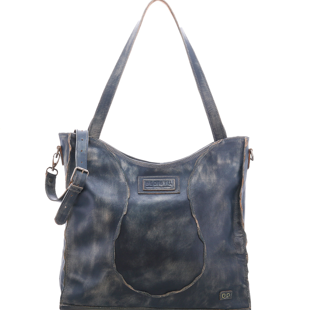 The Ridgefield by Bed|Stü is a dark blue full-grain leather tote bag with a distressed finish, main shoulder strap, side buckle detail, and visible seams. It features an organized interior—making it the perfect daily tote—and is displayed against a plain white background.