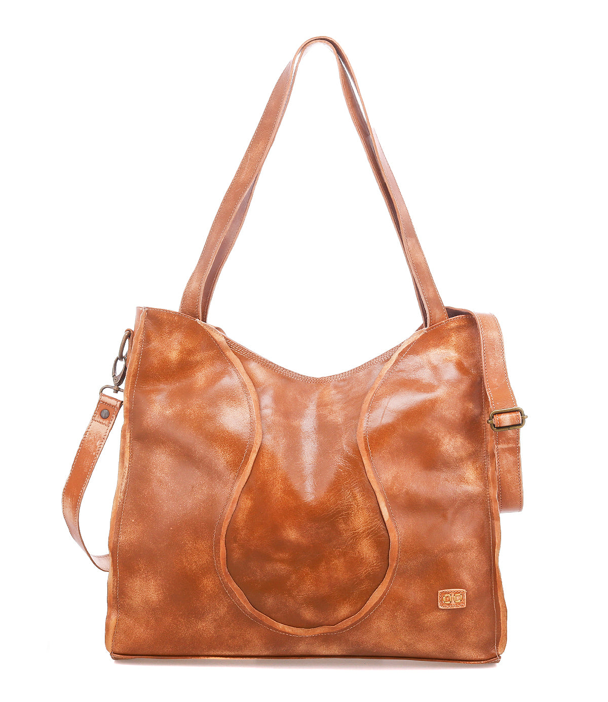 The Ridgefield by Bed|Stü is a tan full-grain leather tote featuring dual shoulder straps, an adjustable and detachable crossbody strap, a thoughtfully organized interior for easy storage, and a subtle Bed|Stü logo on the lower right corner.