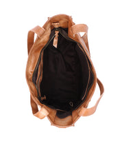 Top-down view of the open Bed|Stü Ridgefield full-grain leather tote with double handles, revealing a spacious, black-lined, and organized interior featuring a zippered pocket—perfect as your daily tote.