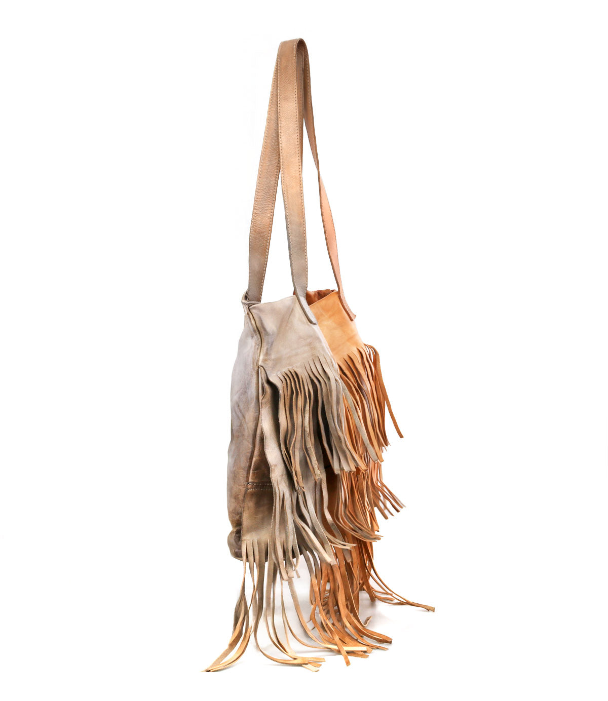 The Bed Stu Rimes totes—one in light gray, one in tan—feature handcrafted leather, fringe details, and spacious interiors, hanging side by side against a white background.