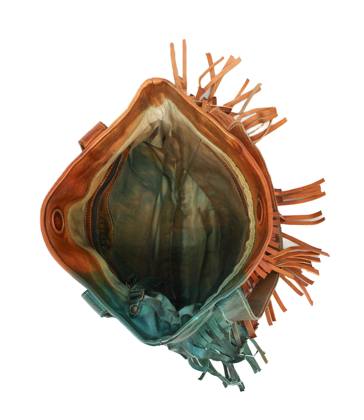 Top view of the Bed Stu Rimes handcrafted leather tote with fringe detail, highlighting its spacious interior and visible inner lining against a white background.