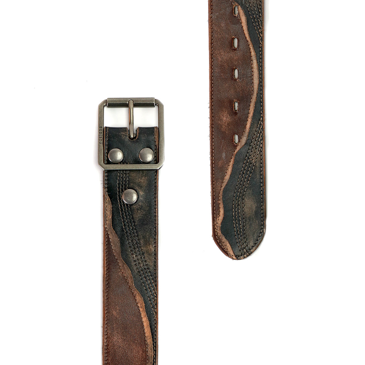 The Riven belt by Bed|Stü is a brown and black distressed layered leather belt featuring visible stitching and a metallic buckle, displayed flat with the ends separated on a white background—a durable choice ideal for everyday style.