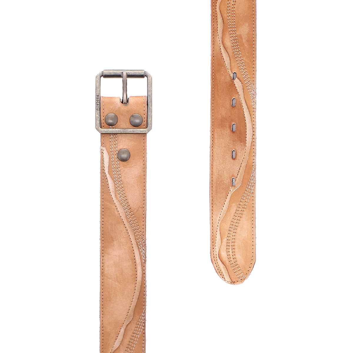 Introducing the Riven by Bed|Stü—a tan layered leather belt with a silver buckle, adorned with decorative waving stitched patterns and metal rivets near the buckle. Expertly crafted for everyday styling, this versatile and durable belt effortlessly elevates your look with its distinctive design and quality craftsmanship.