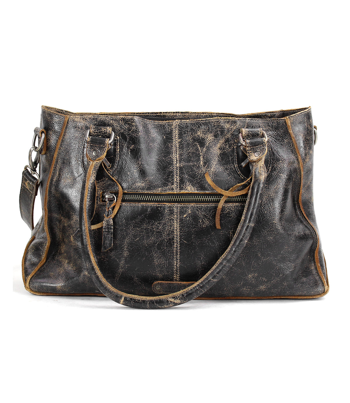 A worn black leather handbag, upcycled from scrap leather, with a front zipper pocket and double handles, isolated on a white background. (Rockababy SL by Bed Stu)