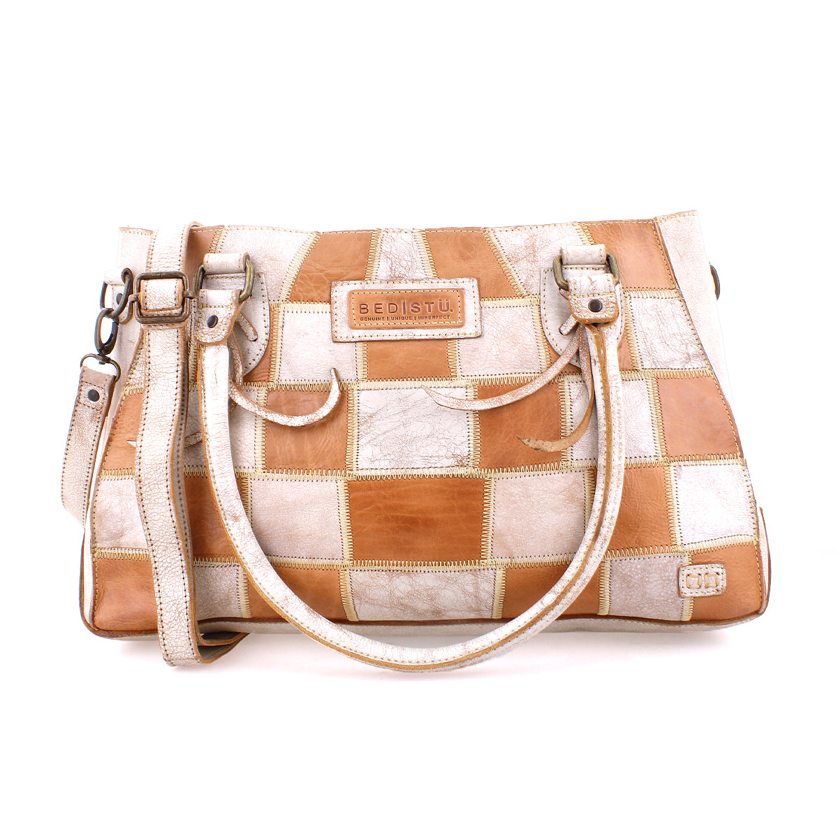 An environmentally responsible Rockababy SL handbag made from upcycled leather in a white and brown checkered pattern by Bed Stu.