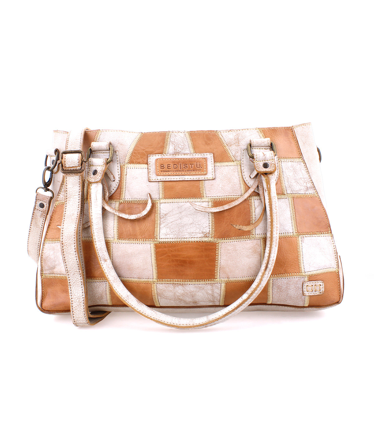 An environmentally responsible Rockababy SL handbag made from upcycled leather in a white and brown checkered pattern by Bed Stu.