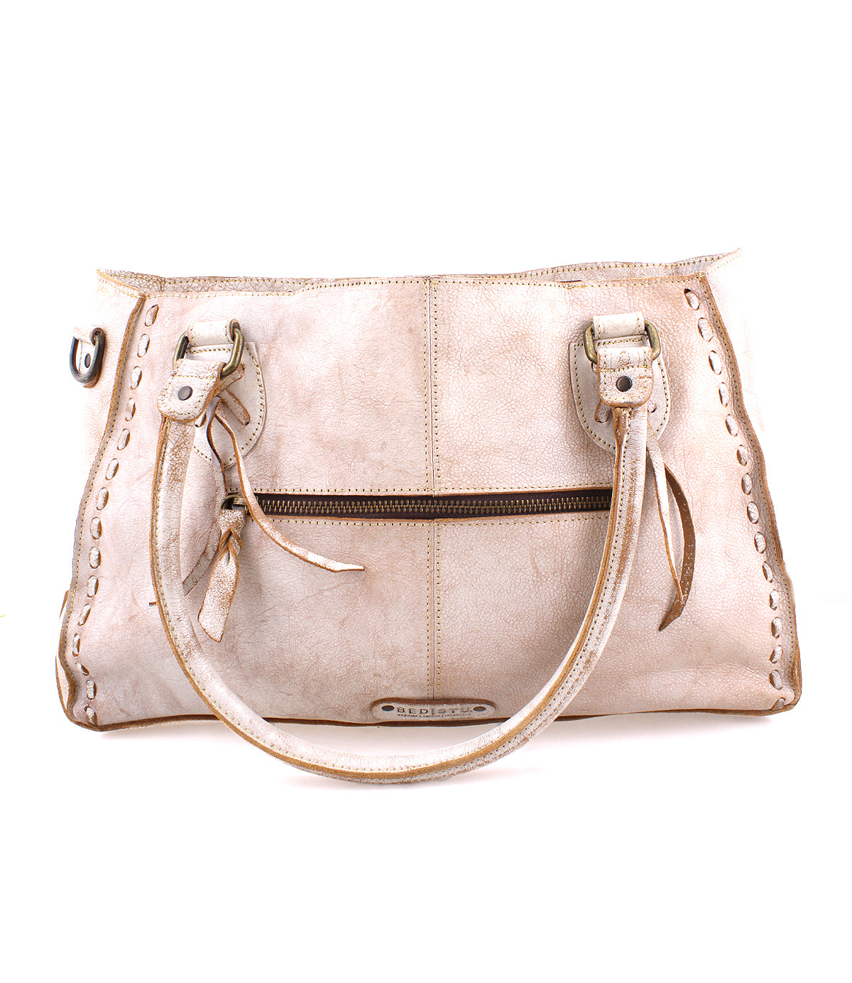 A white Rockababy SL handbag with a Bed Stu upcycled leather handle showcases environmental responsibility.