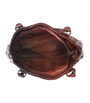 Bed Stu's Rockababy open brown leather handbag features a spacious interior with one zipped pocket and two open pockets, complemented by comfortable padded shoulder straps.