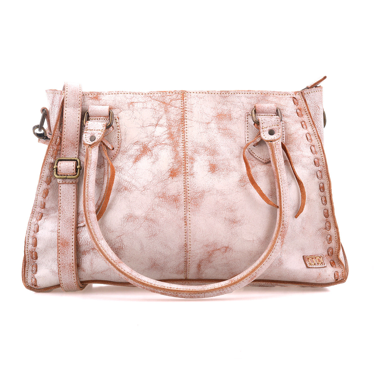 A pink leather handbag from Bed Stu with two handles, featuring a Rockababy crossbody strap and decorative stitching along the edges.