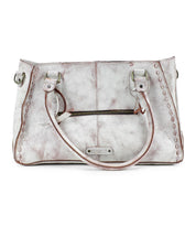 The Bed Stu Rockababy is a distressed leather handbag in white and brown, featuring dual handles, a front zipper pocket, and padded shoulder straps for added comfort.
