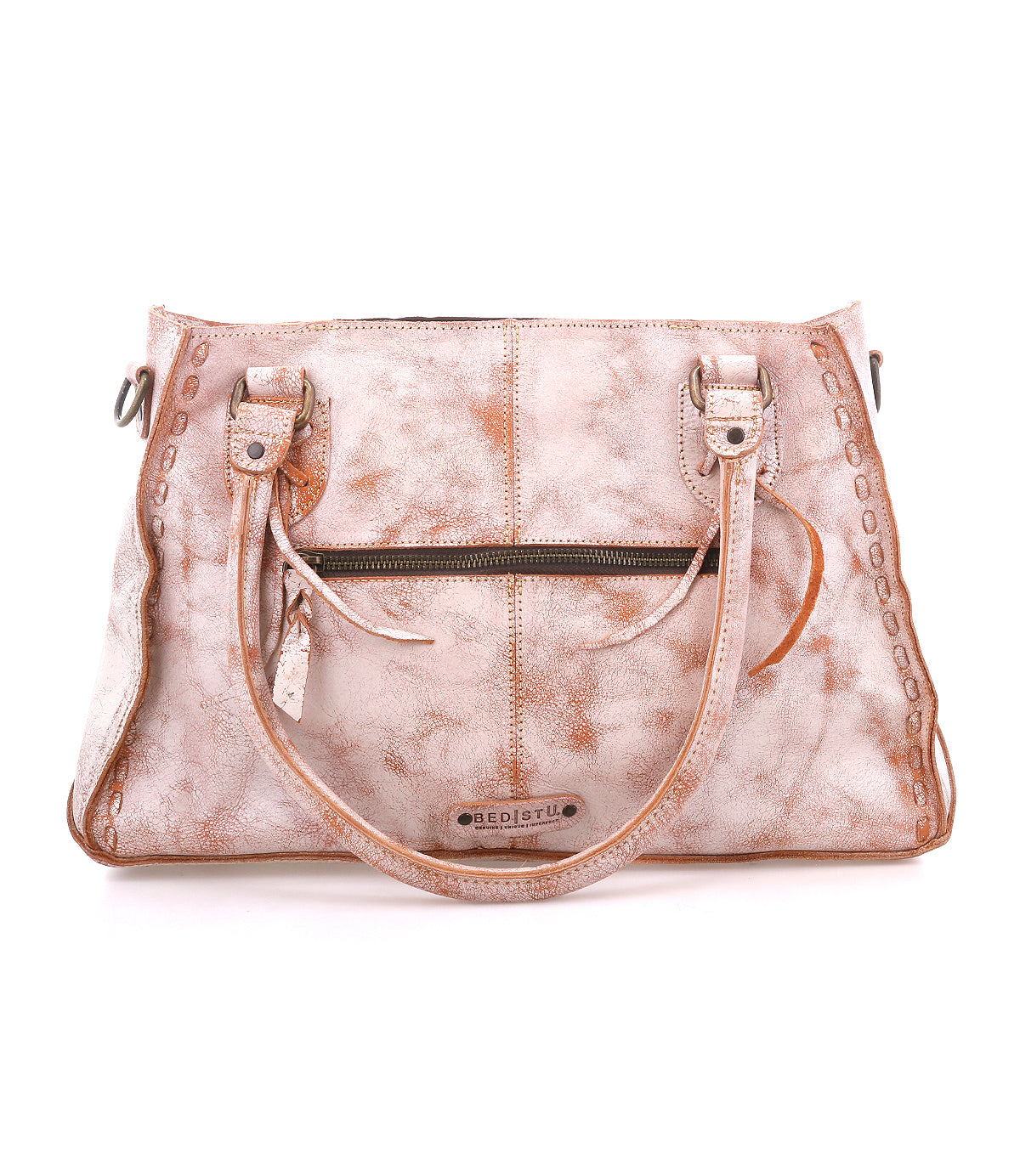 The Rockababy by Bed Stu is a light brown leather handbag featuring dual handles, a front zipper pocket, decorative stitching, and a detachable crossbody strap for versatile wear.