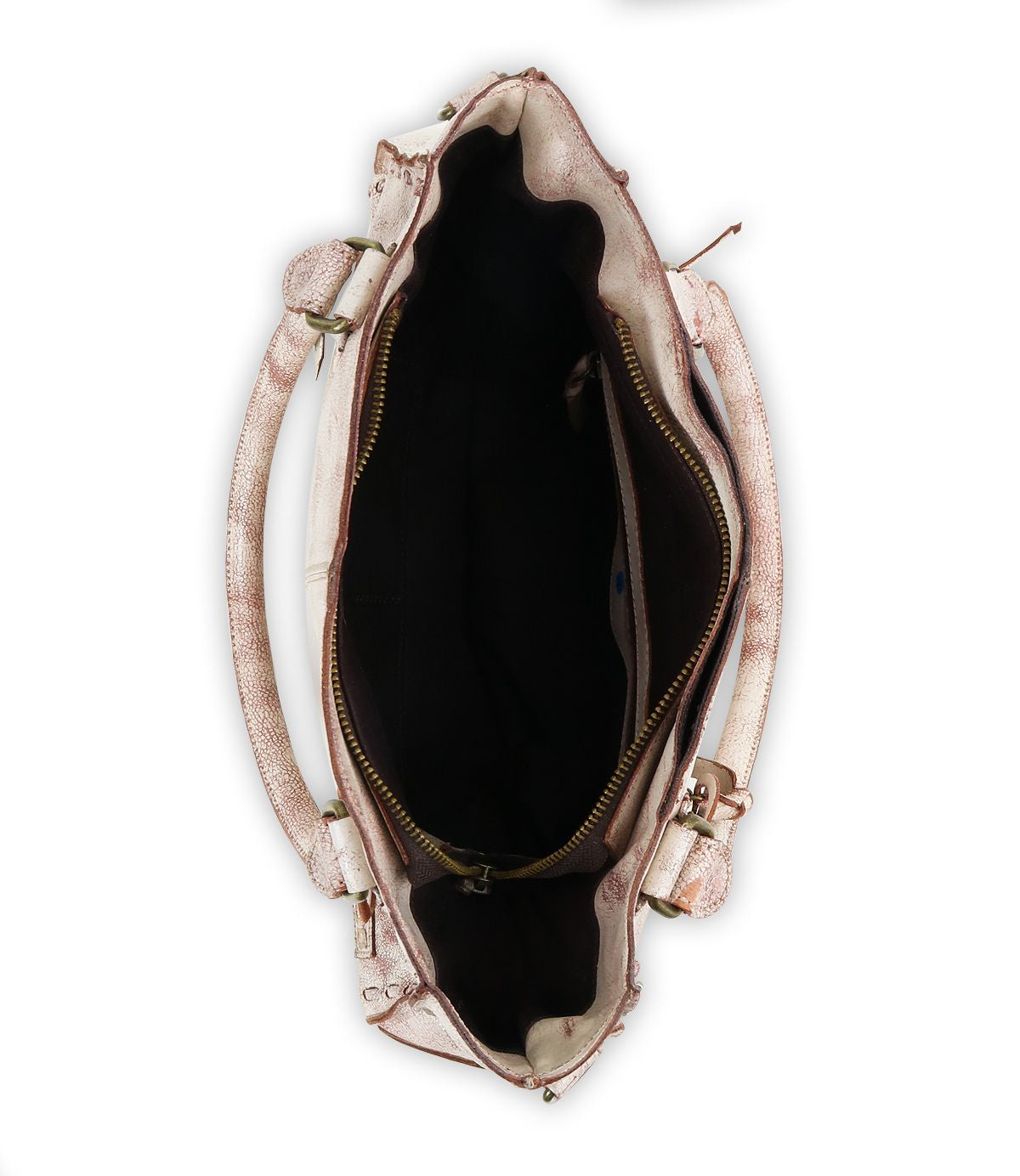 Open Bed Stu Rockababy handbag, brown and white with visible zippers and handles, stylishly compact against a white background. The empty interior is ready for essentials, ensuring fashionable convenience on the go.