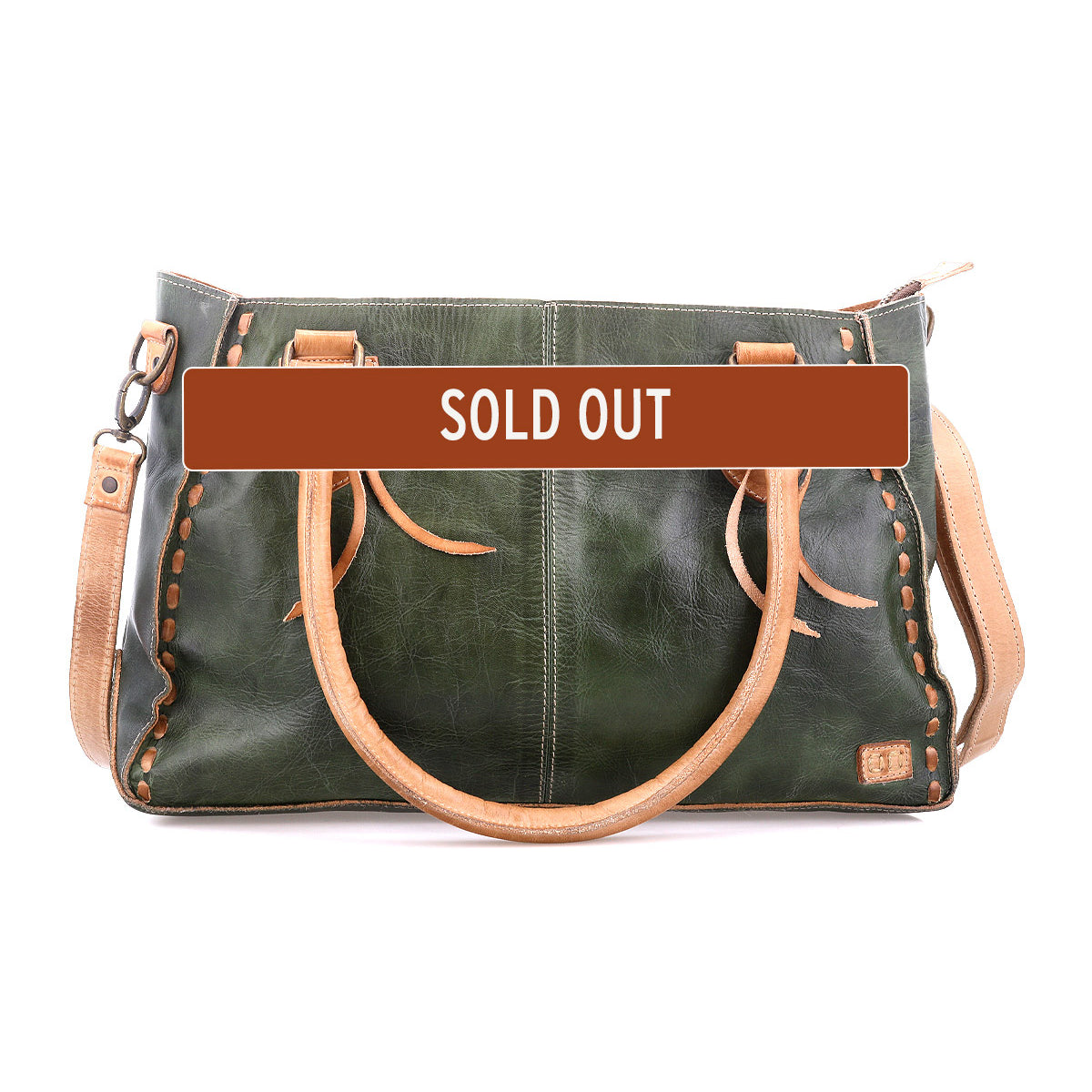 The Bed Stu Rockababy is a green and tan leather crossbody bag with two handles and a shoulder strap, marked "SOLD OUT"—a compact, everyday essential.