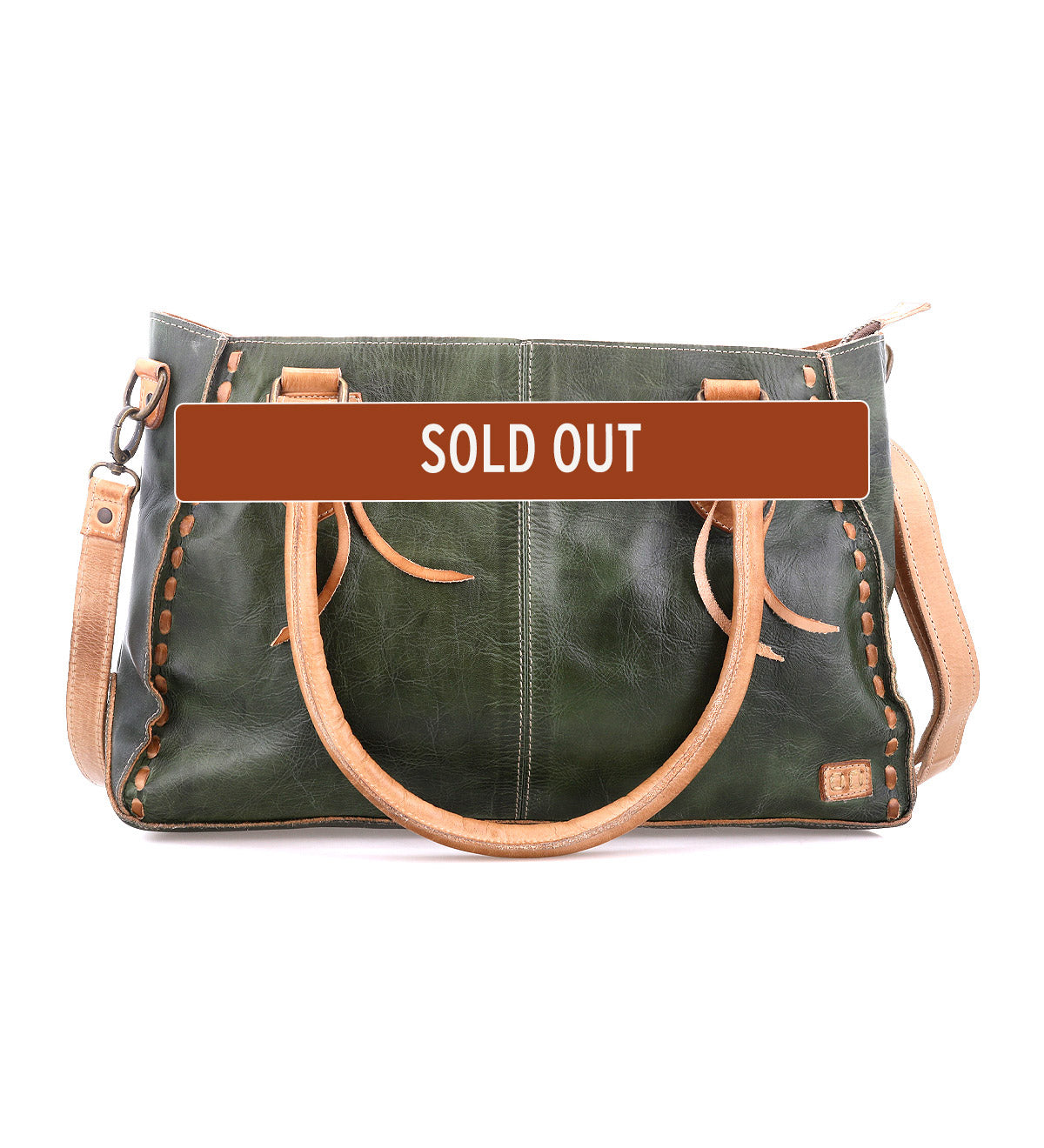 The Bed Stu Rockababy is a green and tan leather crossbody bag with two handles and a shoulder strap, marked "SOLD OUT"—a compact, everyday essential.