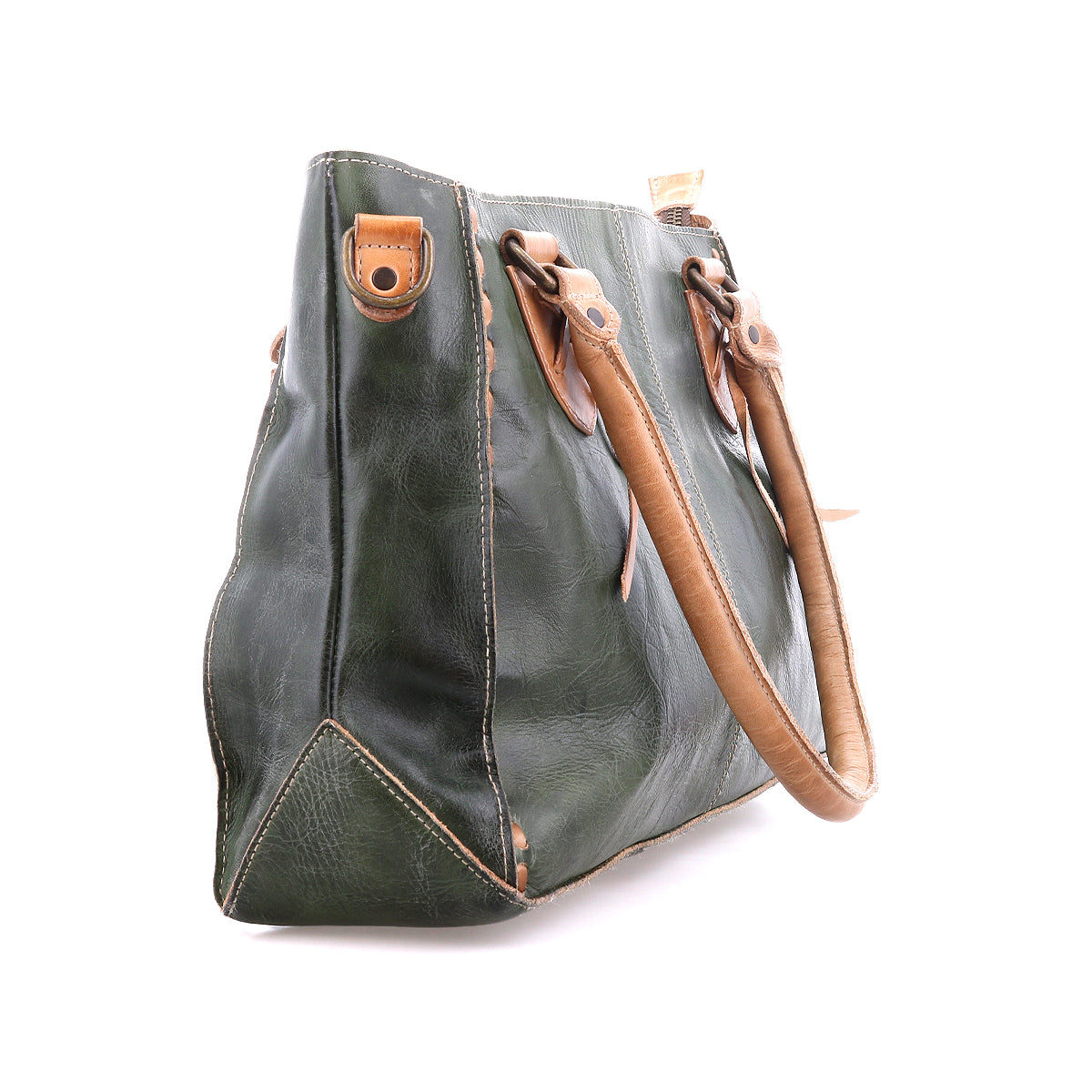 The Bed Stu Rockababy is a green leather handbag with brown handles and accents, crossbody strap, shown from the side on a white background.