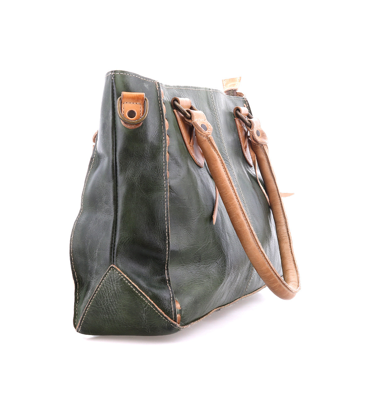 The Bed Stu Rockababy is a green leather handbag with brown handles and accents, crossbody strap, shown from the side on a white background.