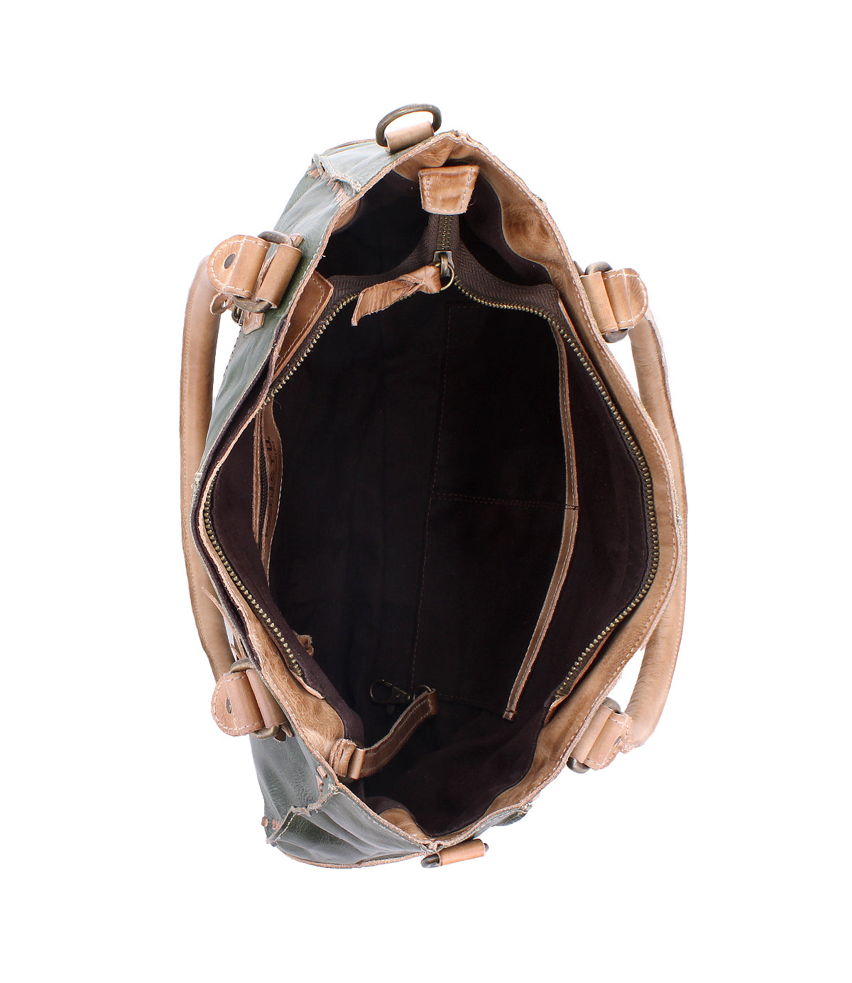 Top view of the Bed Stu Rockababy bag shows its roomy interior, zippered pocket, side compartments, light brown handles, and a convenient crossbody strap.