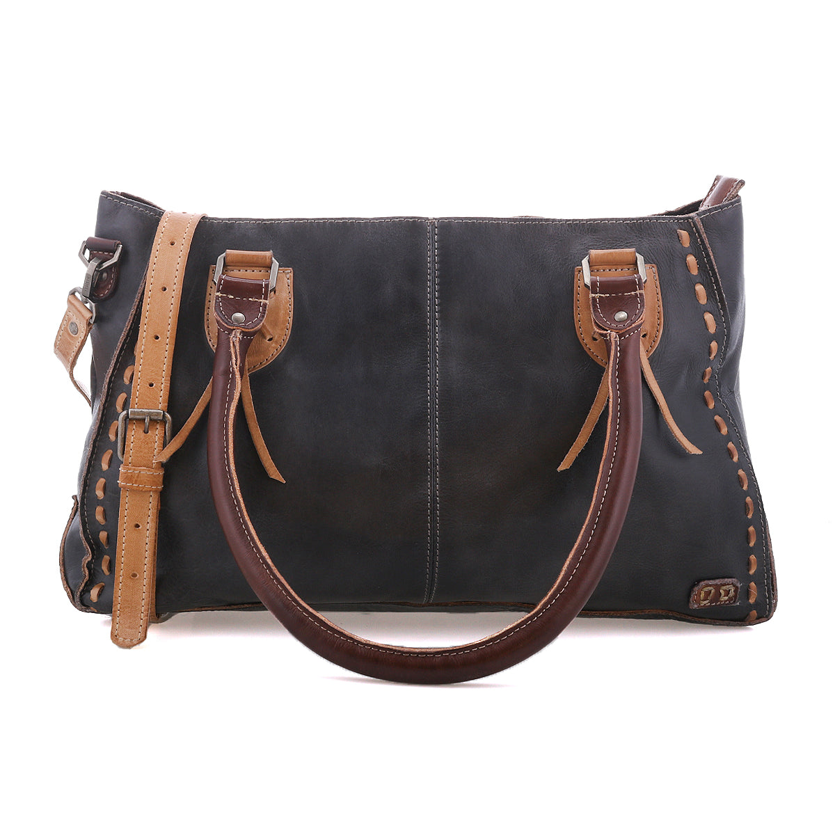 The Rockababy by Bed|Stü is a rectangular black leather handbag featuring brown handles, a tan adjustable shoulder strap, and decorative stitching along the edges—a compact leather bag designed to carry your everyday essentials in style.